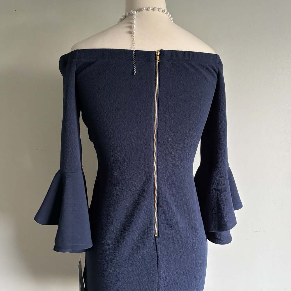 Off-the-Shoulder Navy Blue Bell Sleeve Mini Dress Size 11/12 - Picture 4 of 16